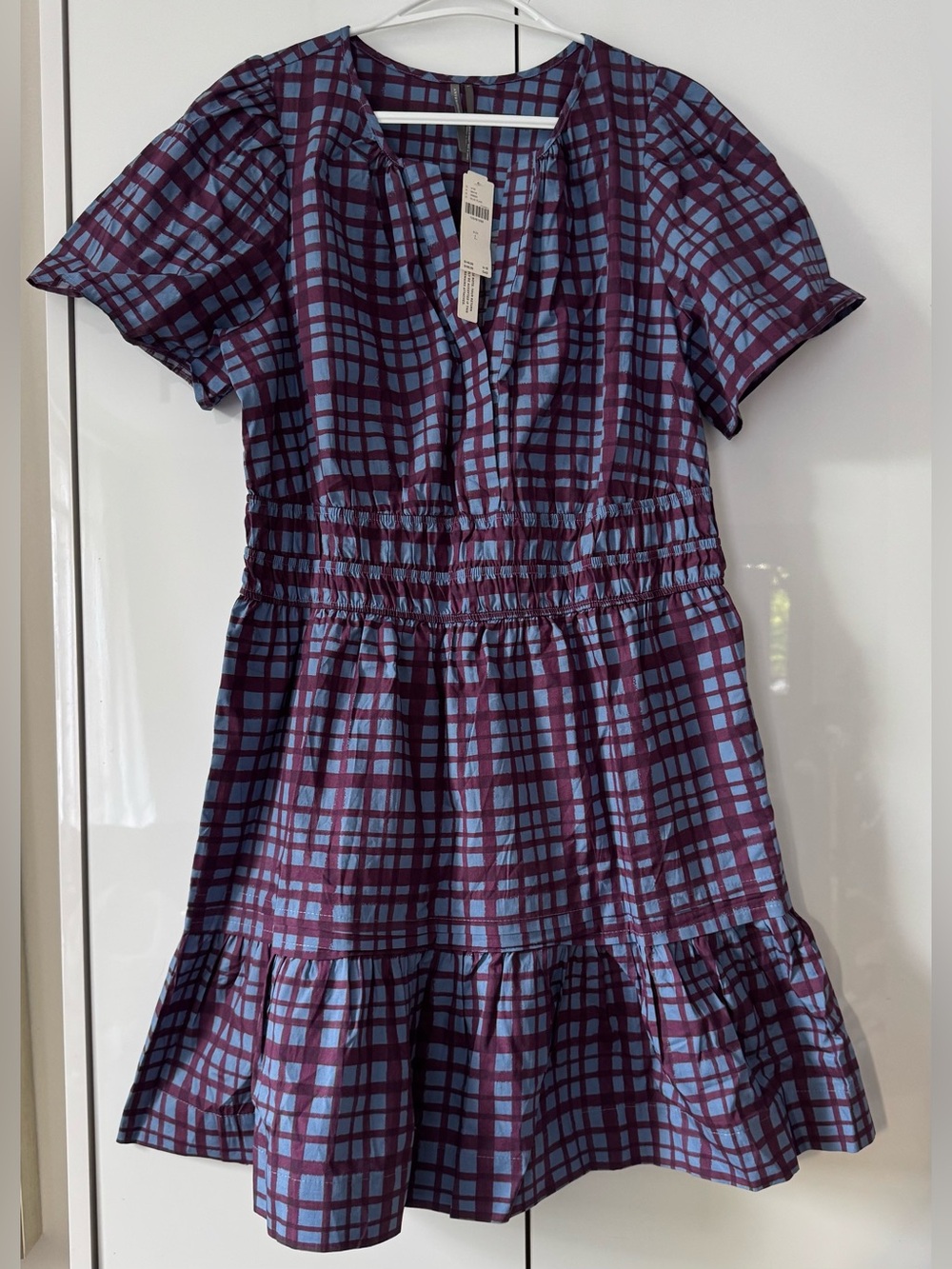 NWT Size L - The Somerset Mini Dress Blue Plaid 100% Cotton with Pockets